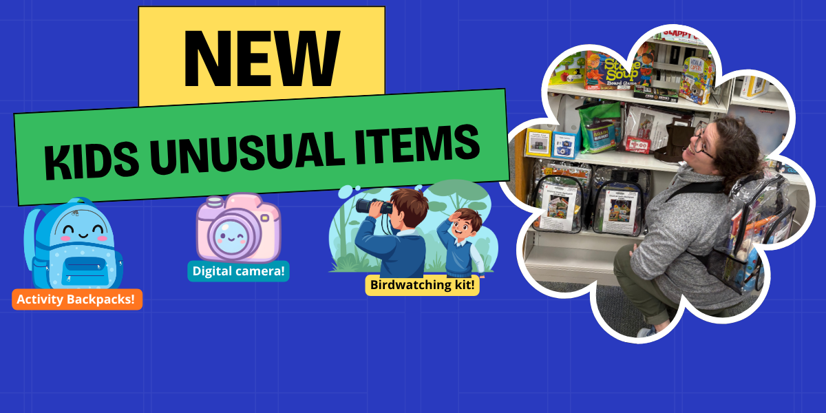 New kids unusual items promotional image including backpacks, digital camera, birtdwatching kit, and a photo of a librarian wearing an activity backpack. 