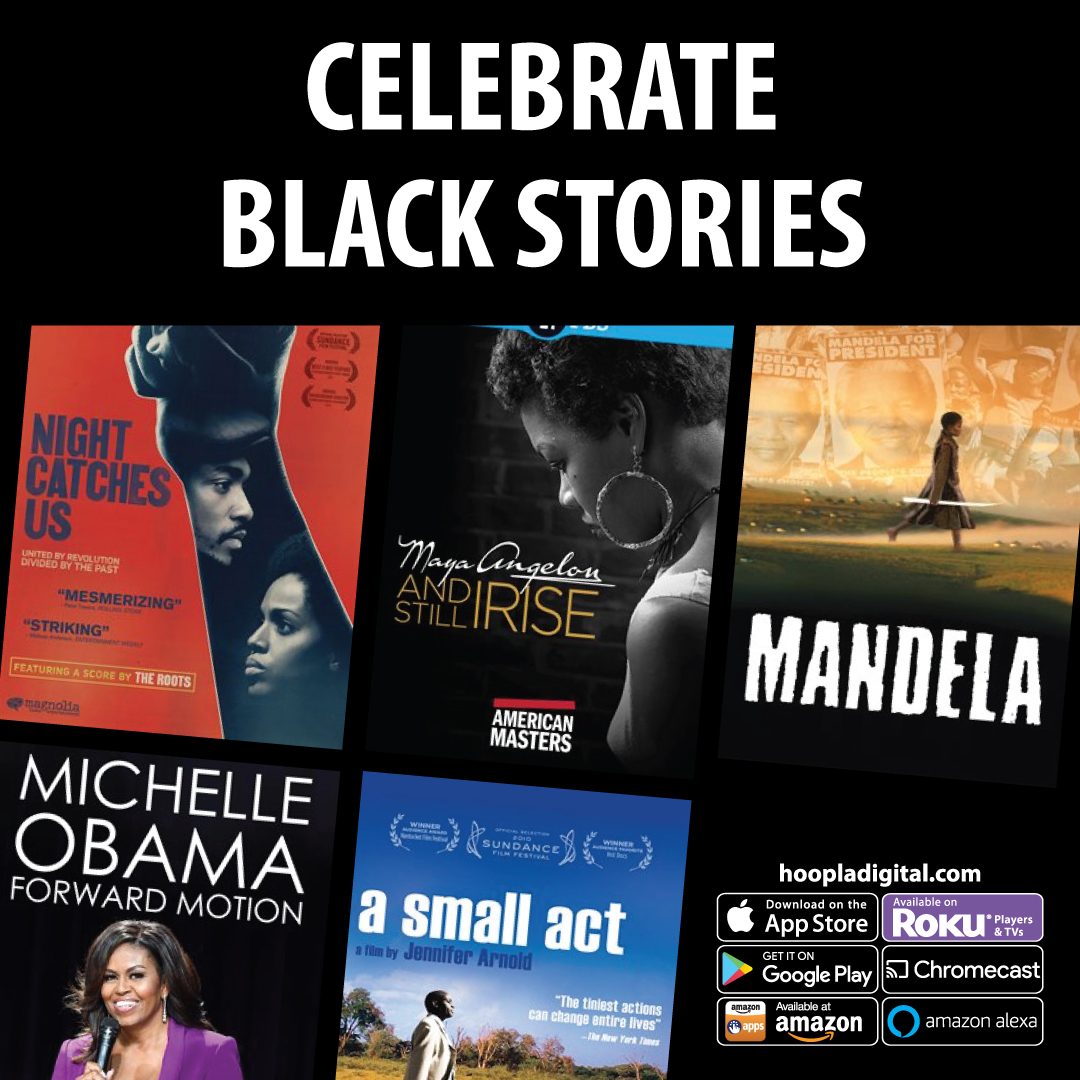 Celebrate Black Stories hoopla black background book covers