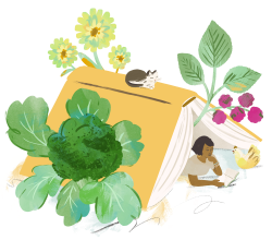 An adult reading inside a tent made from an open yellow book, surrounded by large illustrated plants and flowers, with a small sleeping cat resting on top of the book. Illustration by Sarah Ferone.