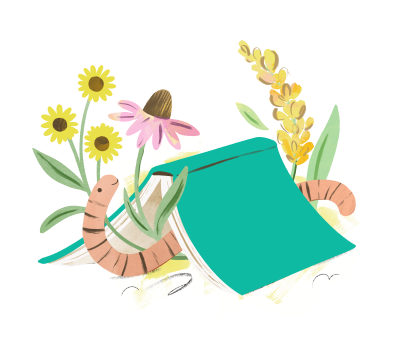Summer Reading 2026 promotional image of a worm under an open book placed like a tent, with flowers surrounding.