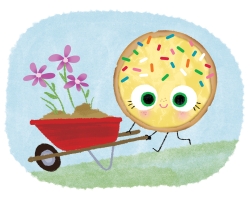 The Smart Cookie by Pete Oswald and Jory John pushing a red wheelbarrow filled with soil and purple flowers.