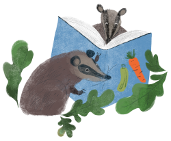 Two badgers reading a large open book together, surrounded by illustrated leaves, with vegetable illustrations visible on the book's cover. Illustration by Hatem Aly. 