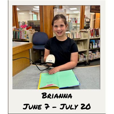 Nesmith Library's 2025 Kid Librarian: Brianna, featuring a picture of Brianna scanning a book's barcode at the library circulation desk.