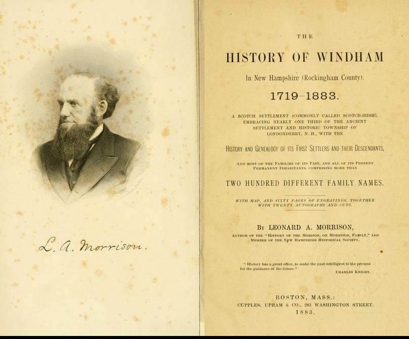 The title page of Morrison's History of Windham in New Hampshire