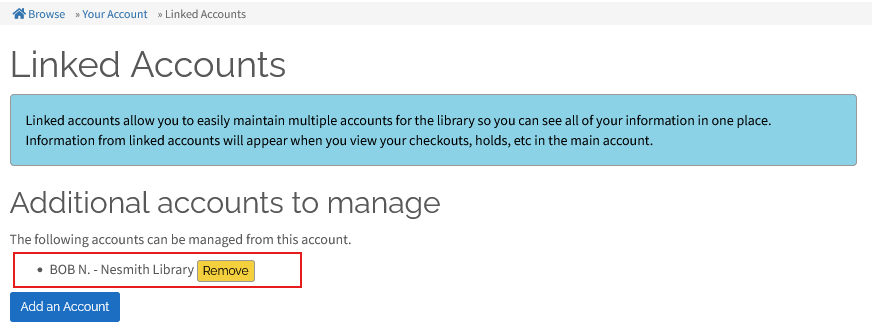 Screen shot of catalog linked accounts page, showing Bob added to Brenda's account.