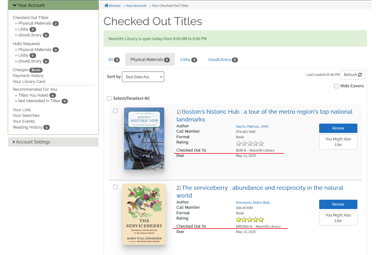 Screen shot of the Nesmith Catalog linked accounts page checkouts.
