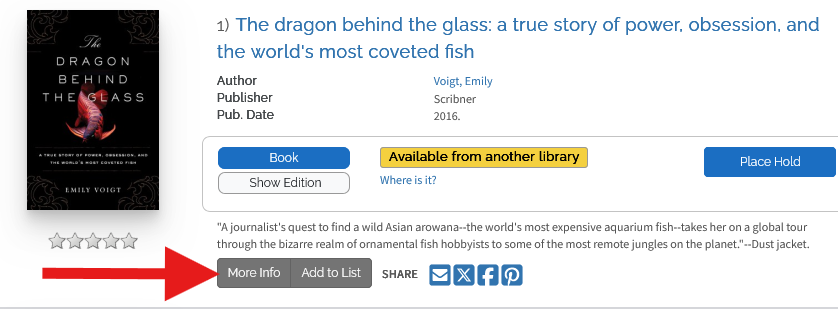 Screenshot of the catalog entry for The dragon behind the glass by Emily Voigt, with a red arrow pointing to the More Info button.