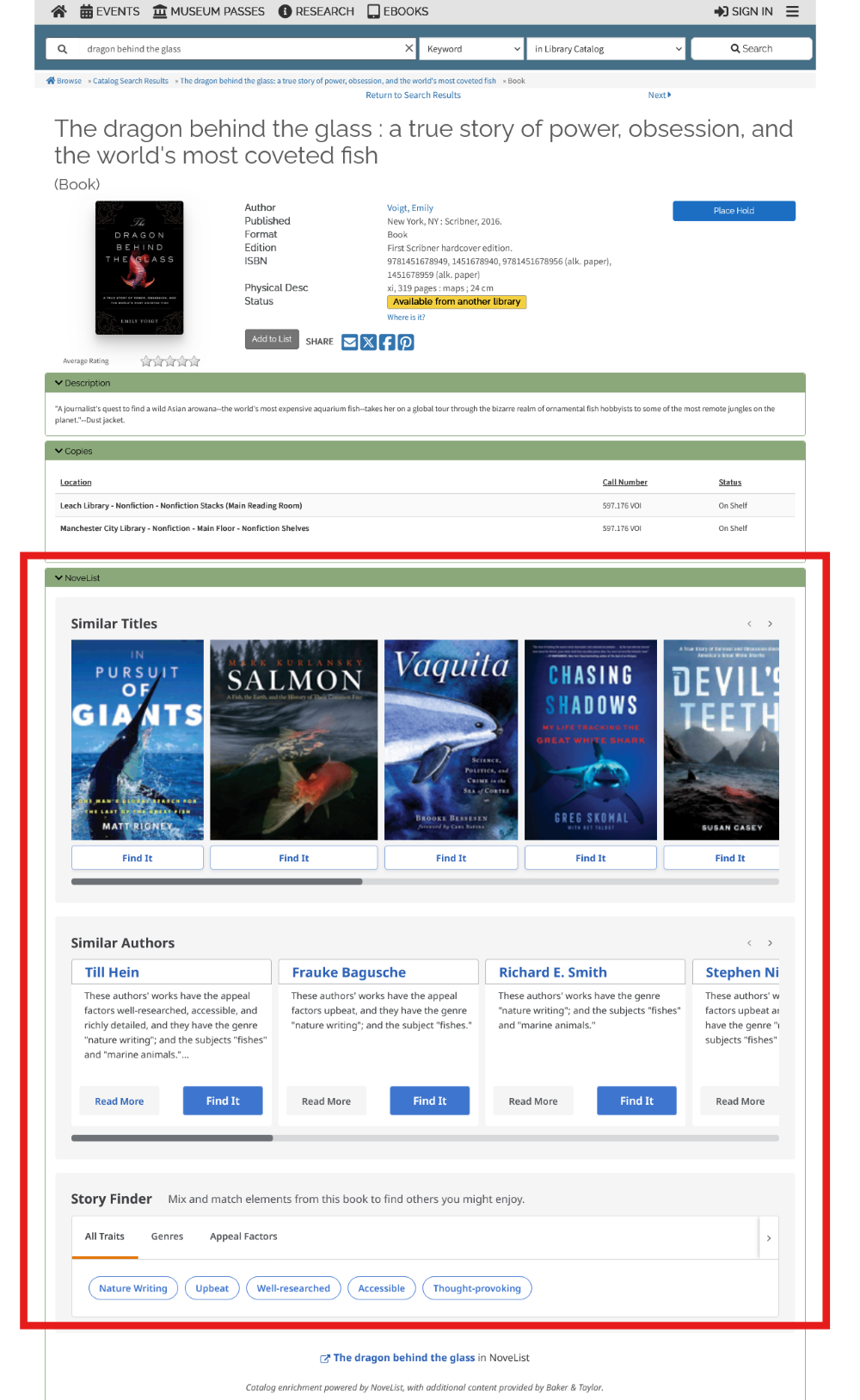 Screenshot of the full details of Emily Voigt's The dragon behind the glass in the Nesmith Library catalog, with the NoveList area highlighted with a red box.