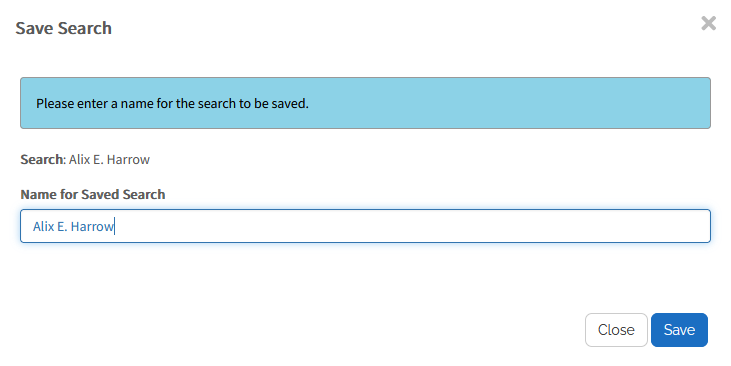 Screenshot of saved search title screen.