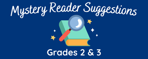 Mystery Reader Suggestions grades 2 & 3 promotional image with a magnifying glass on top of a closed green book surrounded by stars