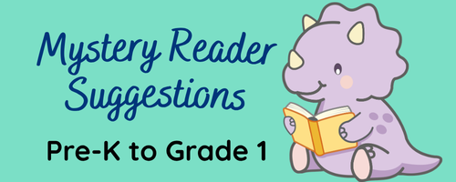 Mystery Reader Suggestions pre-k to grade 1 promotional image, with a purple triceratops reading a yellow book