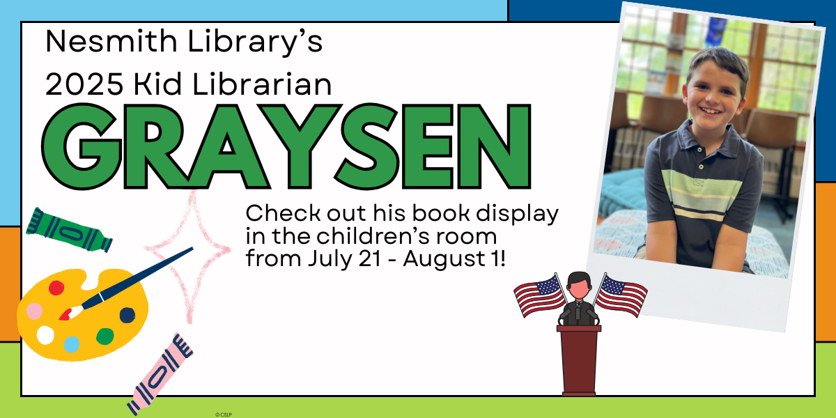 Nesmith Library's Kid Librarian Graysen-- with a photo of Graysen in the Teen area of of the library.