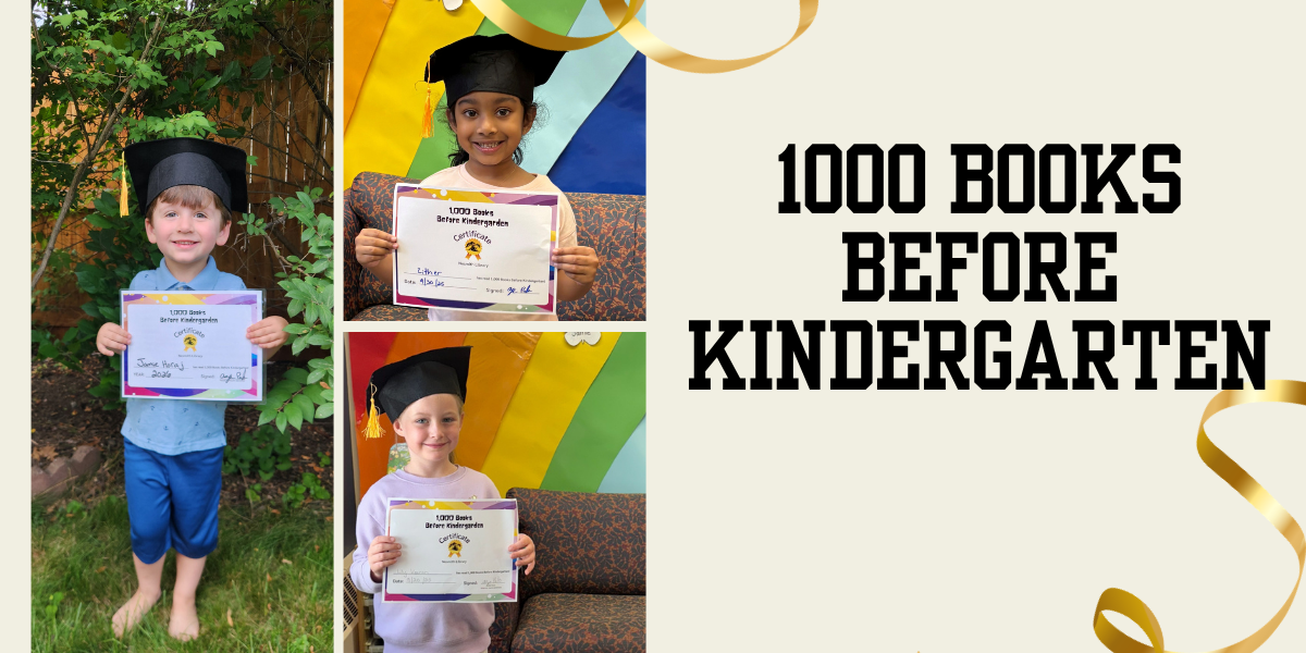 Three children in graduation caps hold certificates celebrating 1,000 books read before kindergarten.