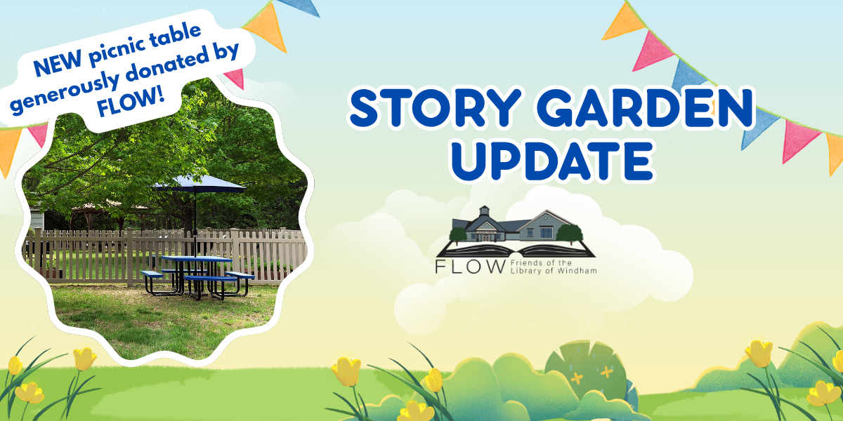 Story Garden Update: NEW picnic table generously donated by FLOW! Includes a photo of the picnic table under a tree. 