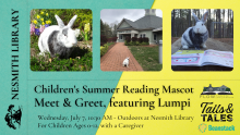Three photos of Lumpi the bunny with green and yellow background nesmith library tails and tales